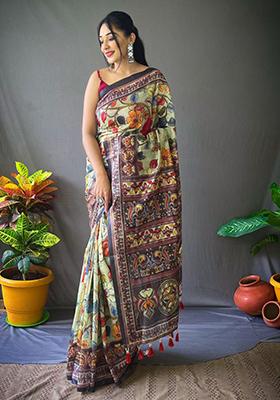 Aqua Green Zari Woven Work Banarasi Cotton Silk Saree Set