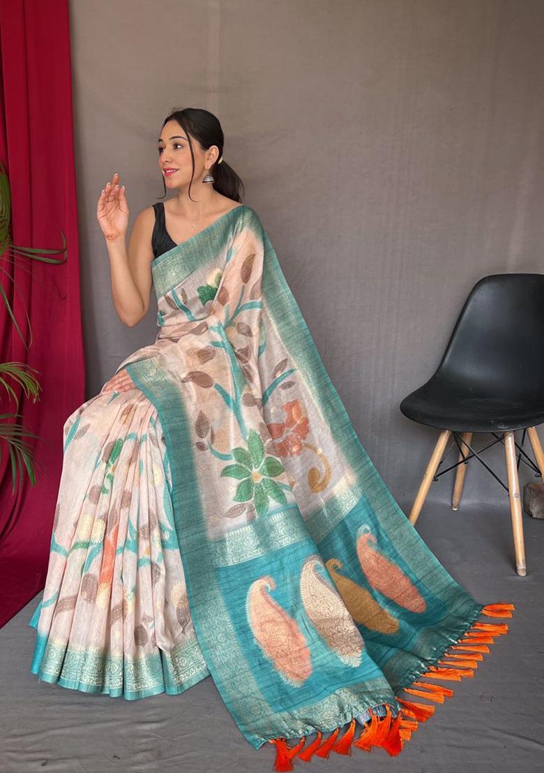 Aqua Blue Zari Woven Banarasi Silk Saree Set