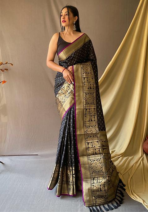 Black Zari Woven Work Banarasi Silk Saree Set