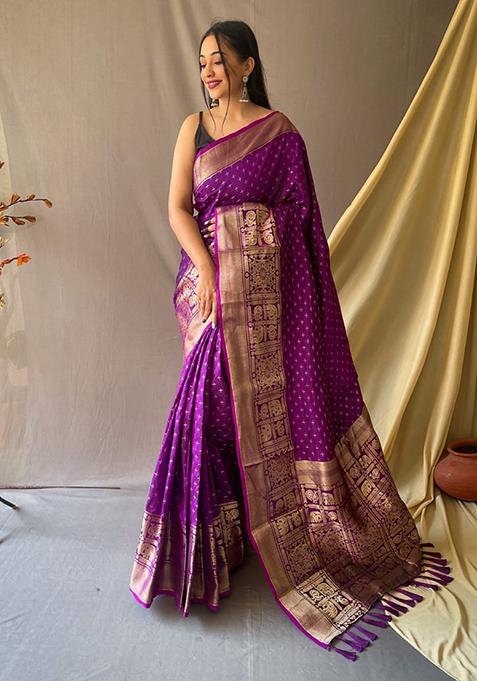 Purple Zari Woven Work Banarasi Silk Saree Set