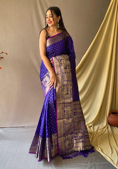 Blue Zari Woven Work Banarasi Silk Saree Set