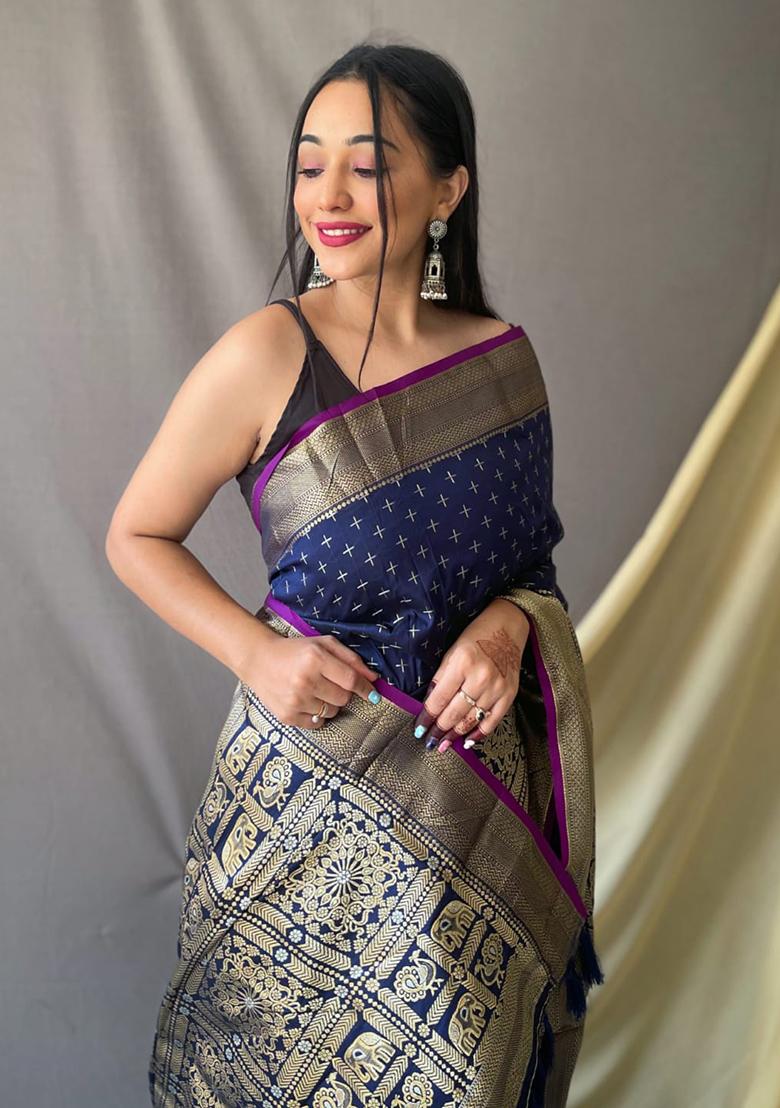 Navy Blue Zari Woven Work Banarasi Silk Saree Set