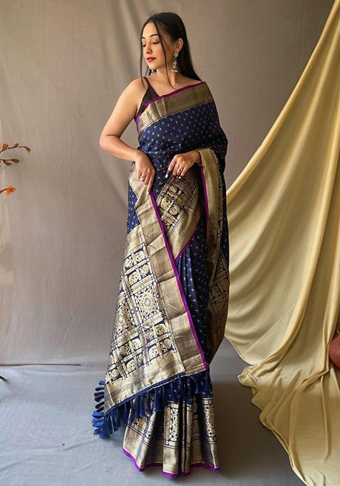 Navy Blue Zari Woven Work Banarasi Silk Saree Set