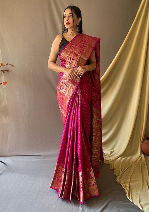 Rani Pink Woven Work Banarasi Silk Saree Set