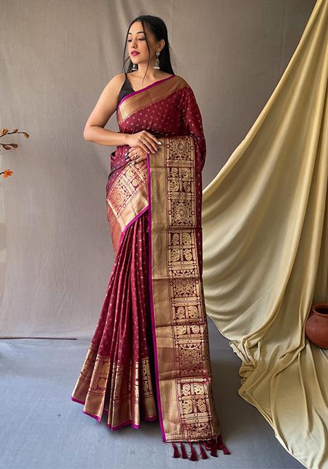 Maroon Zari Woven Banarasi Silk Saree Set