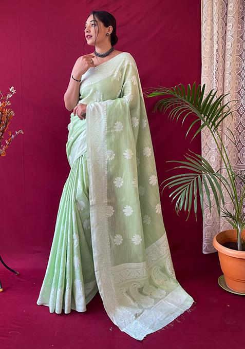 Pastel Green Zari Woven Banarasi Silk Saree Set