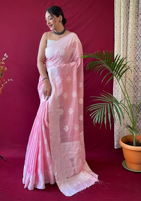 Baby Pink Zari Woven Banarasi Silk Saree Set