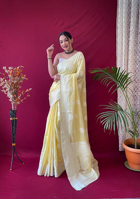 Pastel Yellow Zari Woven Banarasi Silk Saree Set