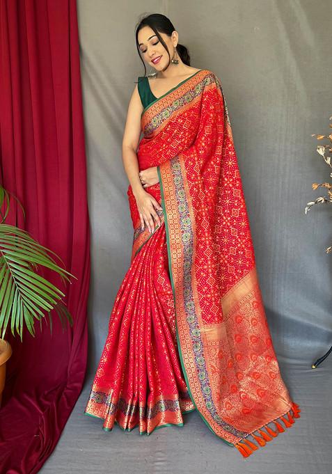 Red Zari Woven Work Banarasi Soft Silk Saree Set