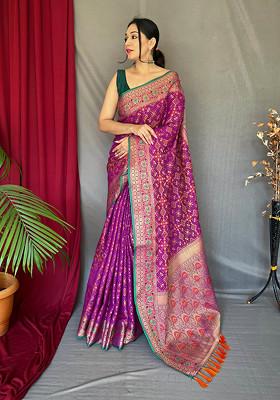 Purple Zari Woven Work Banarasi Soft Silk Saree Set
