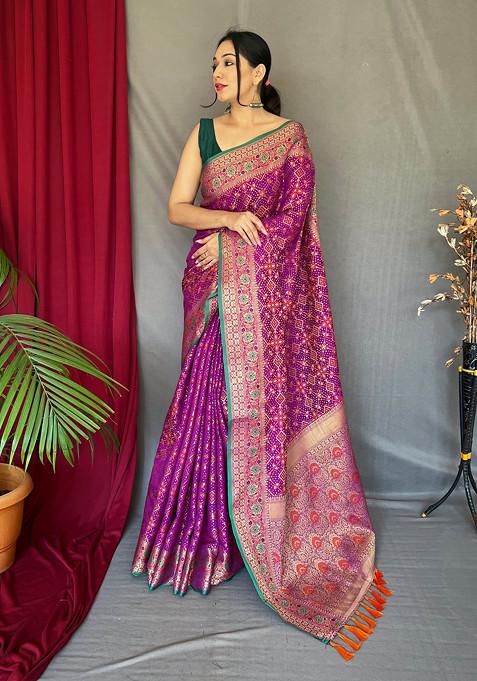 Purple Zari Woven Work Banarasi Soft Silk Saree Set