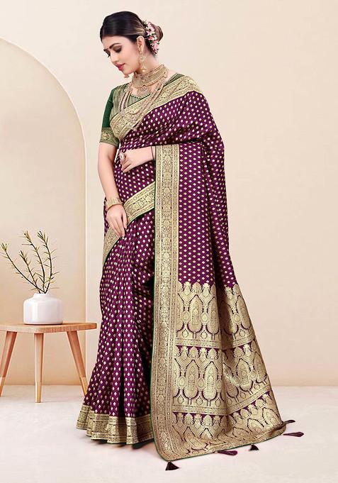 Green Zari Woven Work Banarasi Silk Blend Saree Set