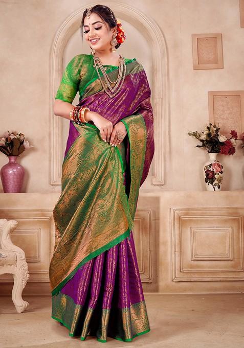 Wine Woven Work Banarasi Silk Blend Saree Set