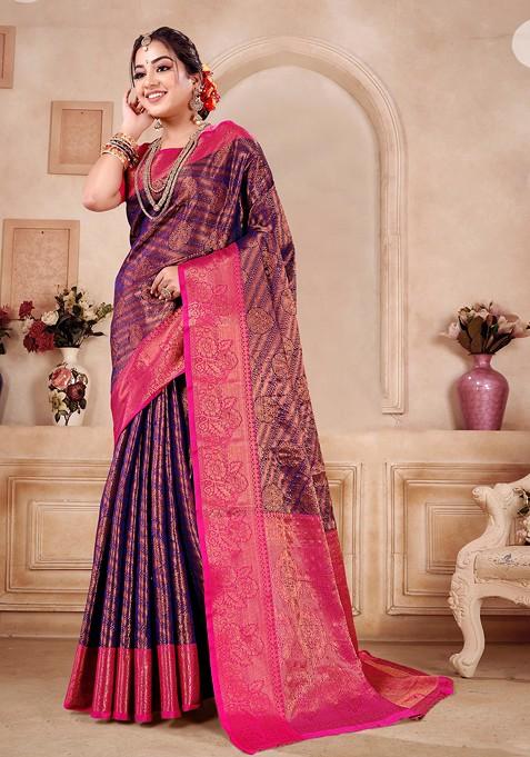 Navy Blue Woven Work Banarasi Silk Blend Saree Set