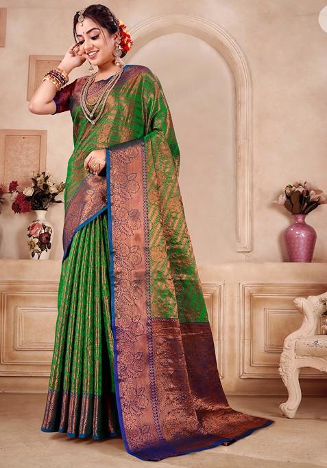 Green Woven Work Banarasi Silk Blend Saree Set