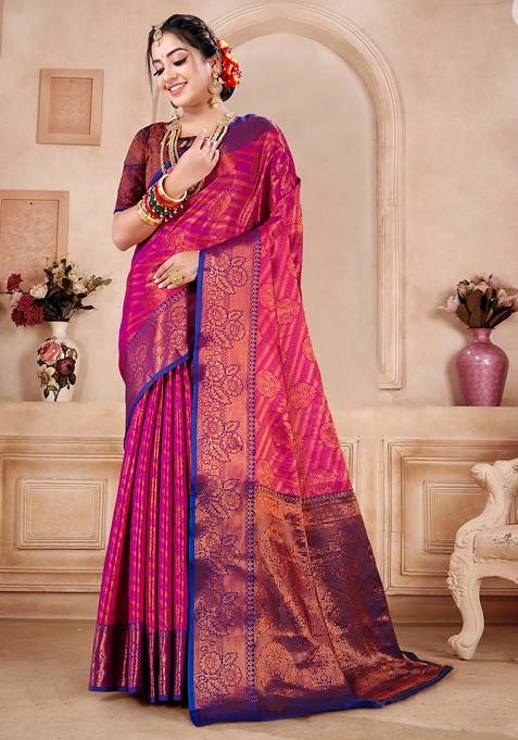 Pink Zari Woven Work Banarasi Silk Blend Saree Set