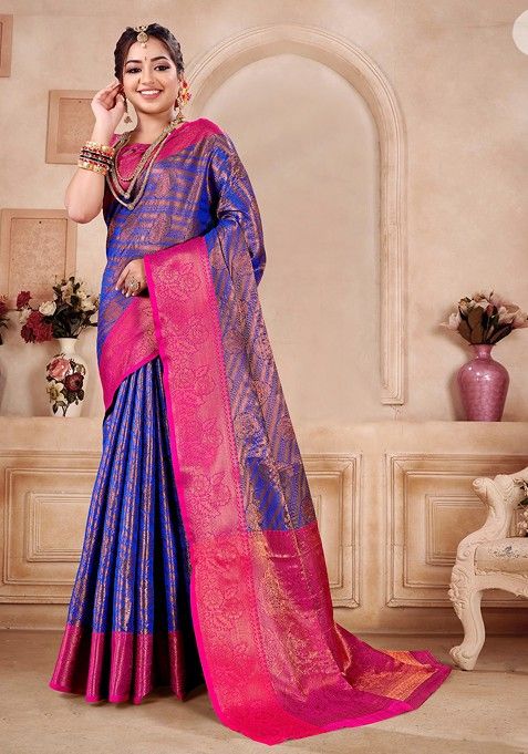 Royal Blue Zari Woven Work Banarasi Silk Blend Saree Set