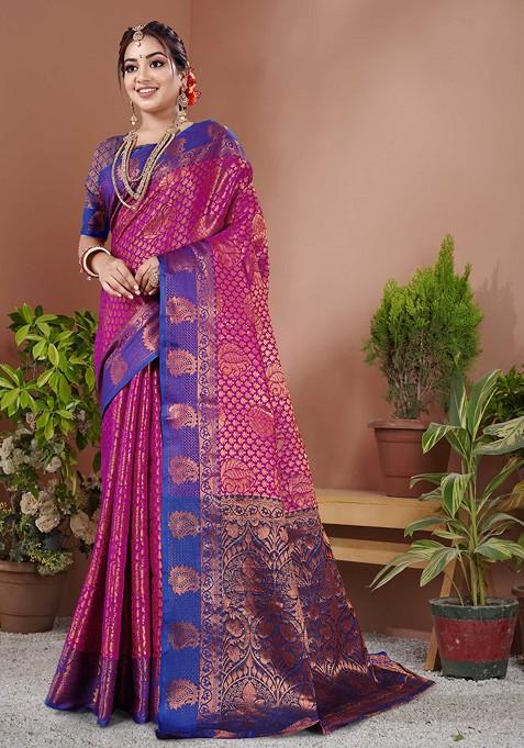 Pink Zari Woven Work Banarasi Silk Blend Saree Set