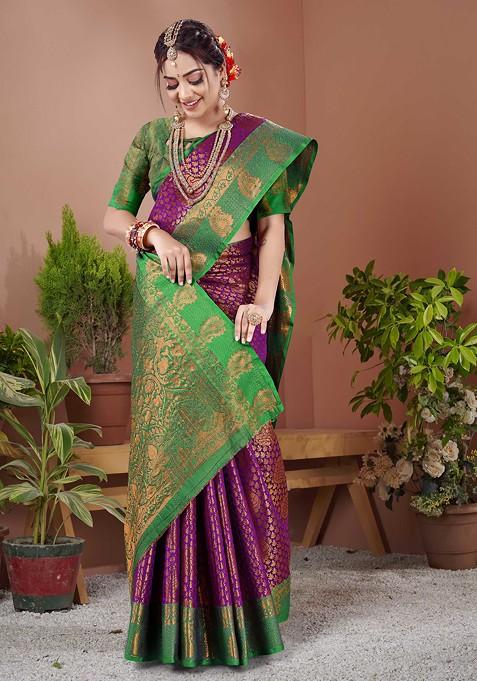 Wine Zari Woven Work Banarasi Silk Saree Set