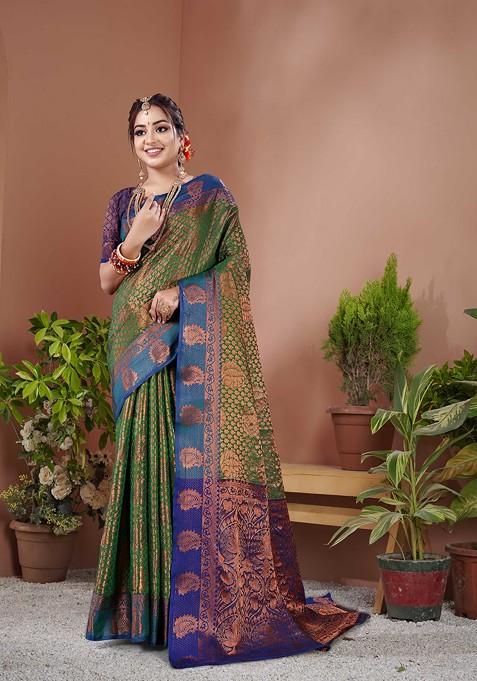 Green Zari Woven Work Banarasi Silk Blend Saree Set