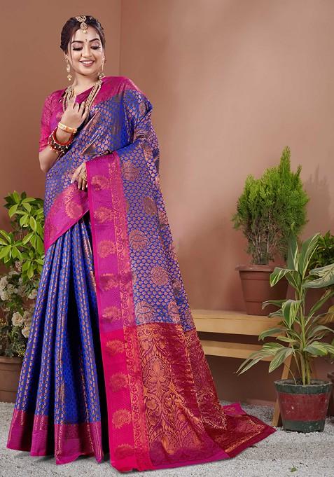 Royal Blue Woven Work Banarasi Silk Blend Saree Set