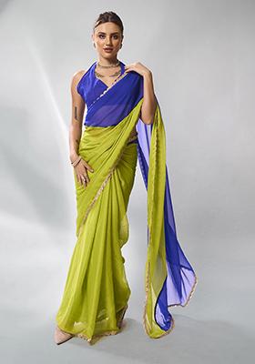 Navy Blue And Green Solid Pure Chiffon Saree Set