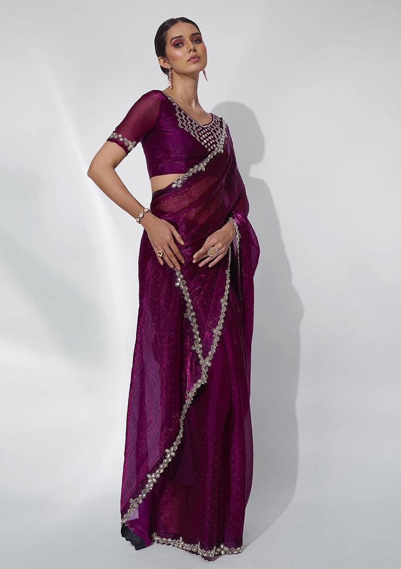 Burgundy Mirror Bead Work Organza Saree Set - Indya