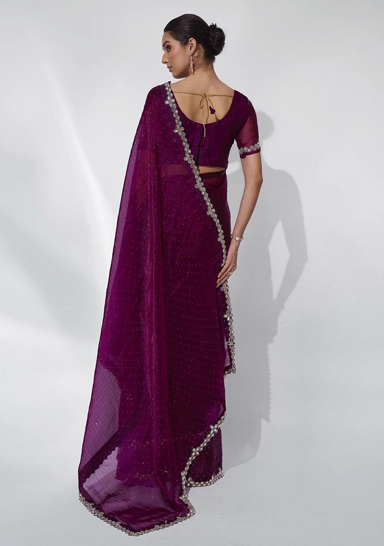 Burgundy Mirror Bead Work Organza Saree Set - Indya