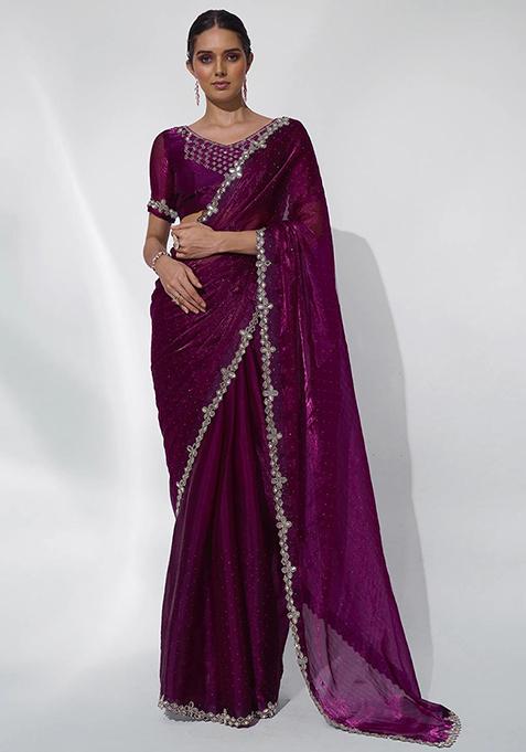 Burgundy Mirror Bead Work Organza Saree Set