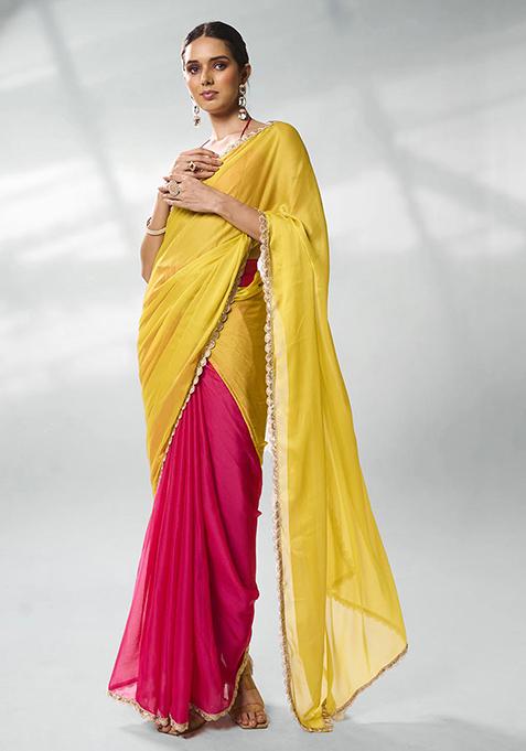 Pink And Yellow Solid Chiffon Saree Set