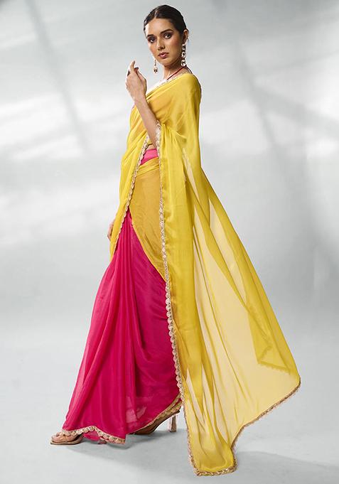 Pink And Yellow Solid Chiffon Saree Set