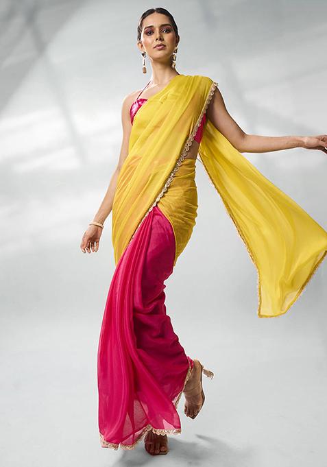 Pink And Yellow Solid Chiffon Saree Set