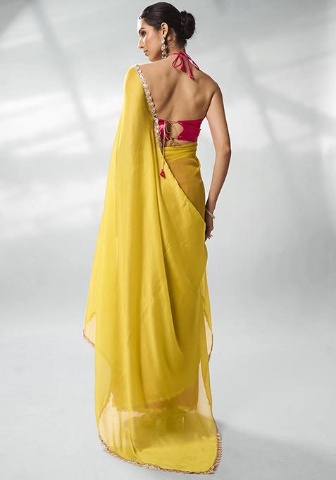 Pink And Yellow Solid Chiffon Saree Set