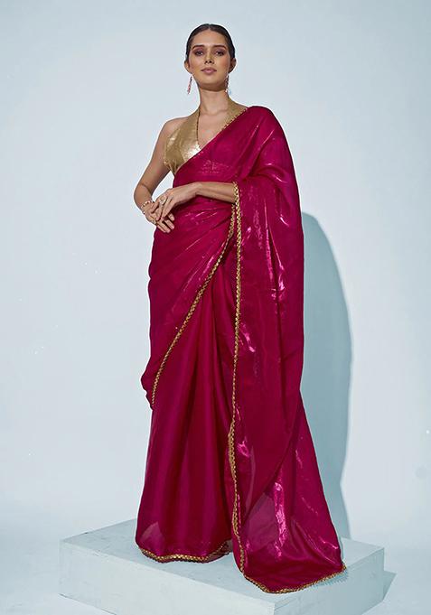 Pink Solid Organza Saree Set