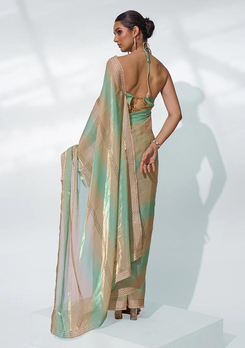 Golden And Green Bead Work Organza Saree Set