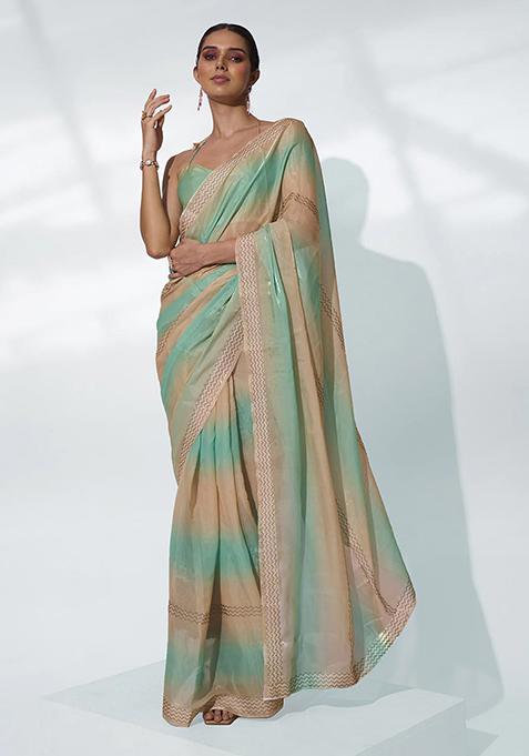 Golden And Green Bead Work Organza Saree Set