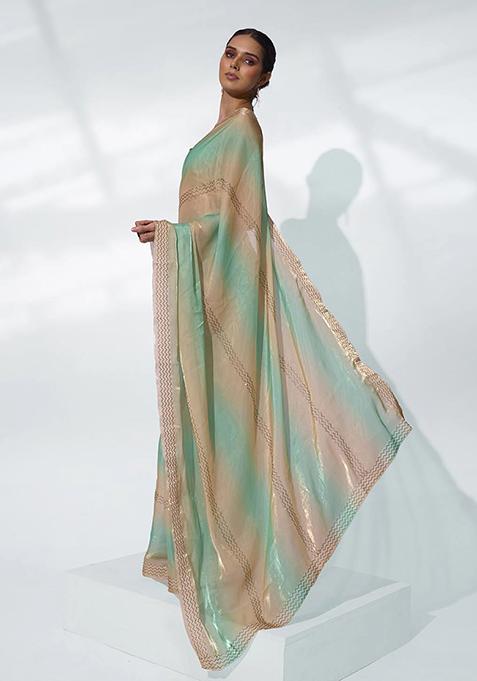 Golden And Green Bead Work Organza Saree Set