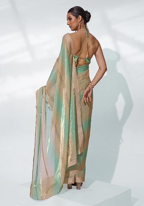 Golden And Green Bead Work Organza Saree Set