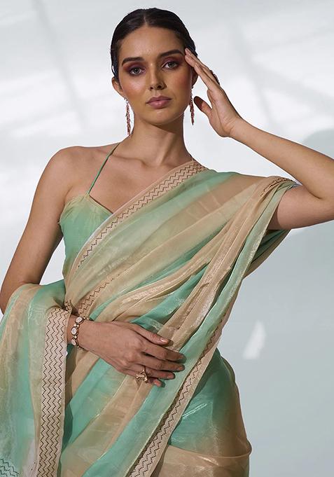 Golden And Green Bead Work Organza Saree Set