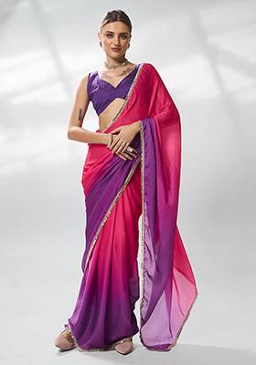 Pink And Purple Solid Satin Saree Set
