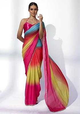 Multicolour Solid Satin Saree Set