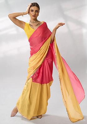 Peach And Yellow Solid Satin Saree Set