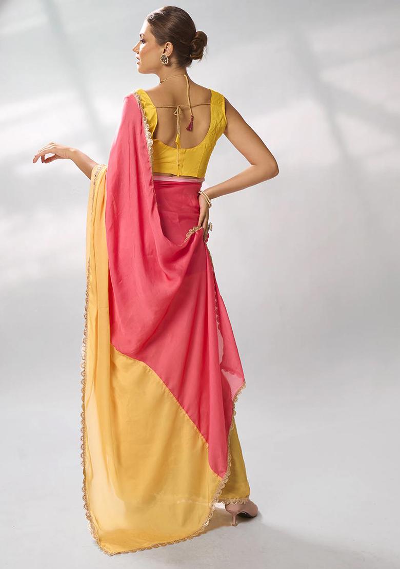 Peach And Yellow Solid Satin Saree Set - Indya