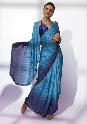Navy Blue Bead Work Satin Saree Set