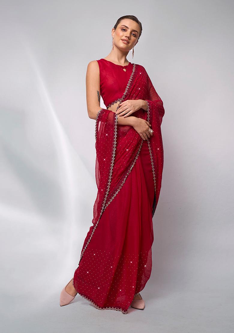 Red Bead Stone Work Satin Saree Set