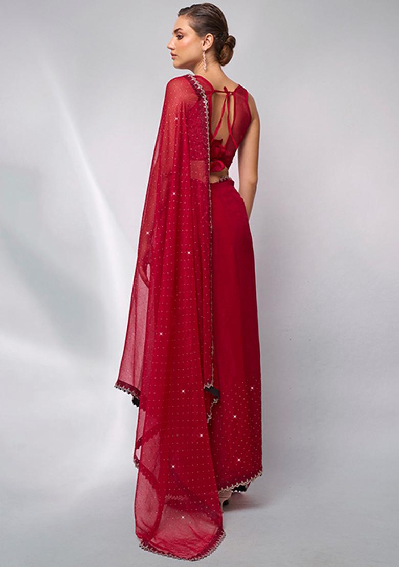 Red Bead Stone Work Satin Saree Set