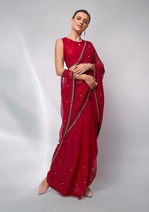 Red Bead Stone Work Satin Saree Set