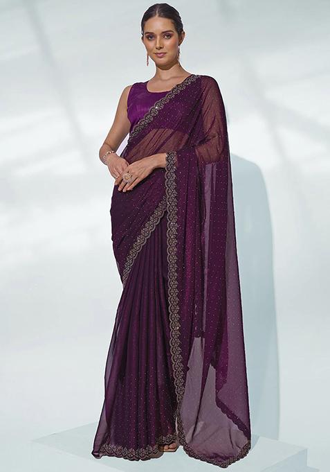 Burgundy Bead Work Organza Saree Set