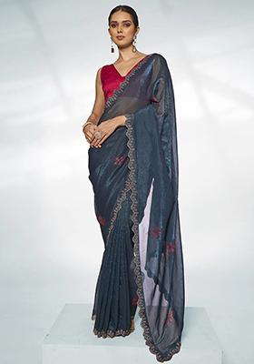 Teal Bead Work Organza Saree Set