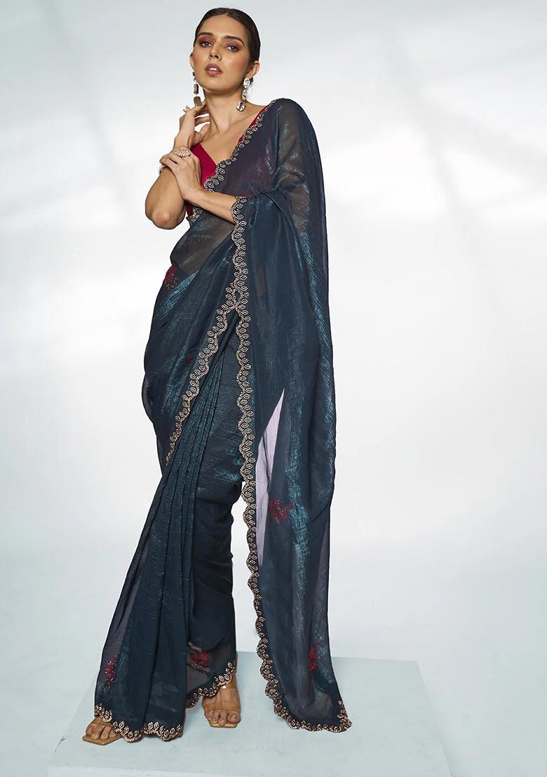 Teal Bead Work Organza Saree Set
